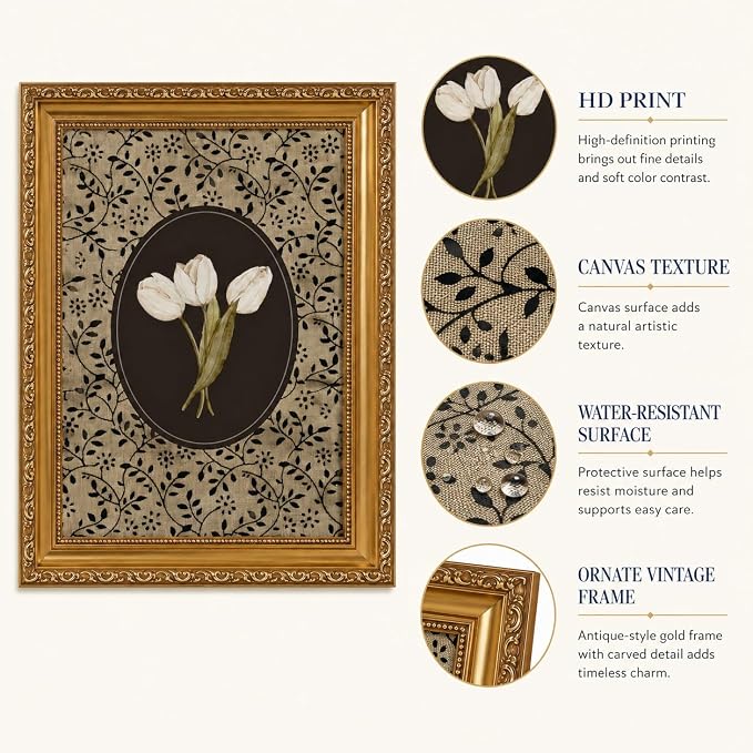 Gold Framed Tulip Canvas Wall Art, Vintage Floral Picture Wall Decor16x12in | Cottagecore Botanical Floral Print Decor for bedroom, living room, hallway, entryway
