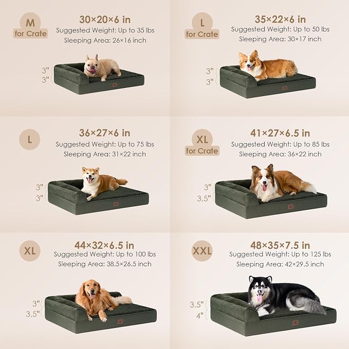 EHEYCIGA Orthopedic Dog Bed Medium Size, Memory Foam Dog Bed, Dark Green | Small Dog Sofa with Washable Removable Cover, Waterproof Pet Couch for Crate with Nonskid Bottom, 30x20x6