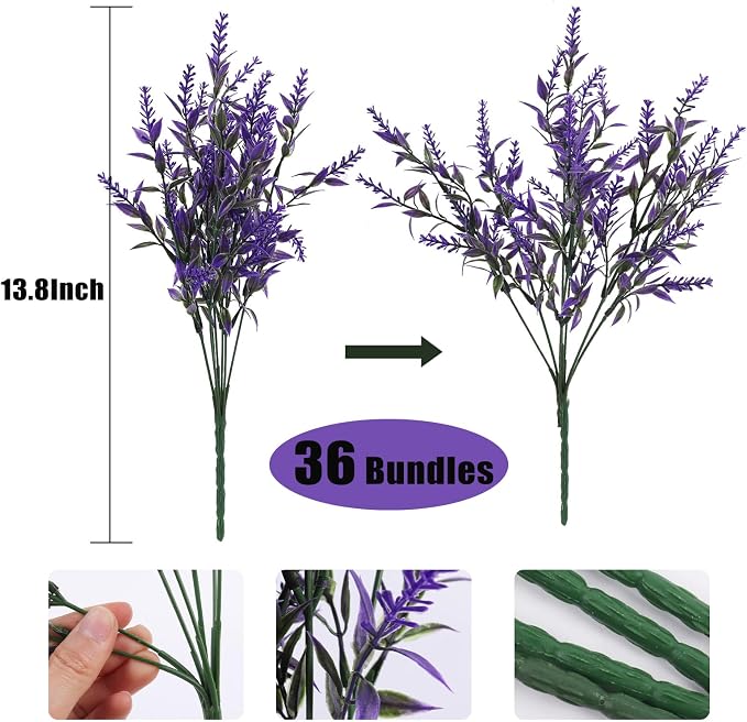 RECUTMS Artificial Fake Outdoor Plants Flowers for Spring Decoration Purple | 36 Bundle Faux Plastic Plants Outdoor Flower UV Resistant Realistic Bushes for Home Outside Planter Window Porch Patio Garden