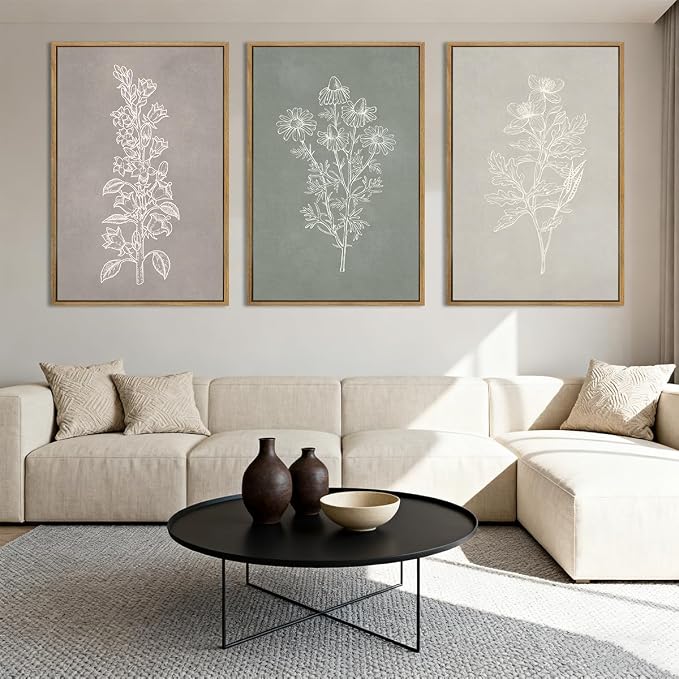 ANHUIB Neutral Botanical Wall Art, Rustic Farmhouse Floral Paintings,Vintage Minimalist Boho Flower Wall Decor 24x36 Inch Plants Set of 3 for Living Room Bedroom
