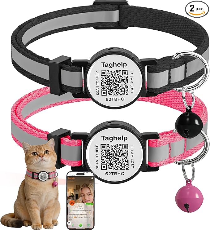 2 Pack QR Code Cat Collar for Lost Cat Recovery, Breakaway Reflective Collar with Bell & Instant Online ID, Adjustable 7.5-12.5 Inch for Peace of Mind (Black & Rose Red)