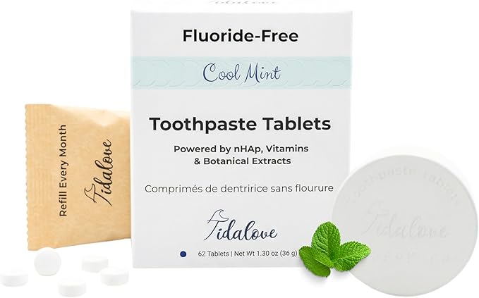 Tidalove Cool Mint Fluoride-Free Toothpaste Tablets with Nano Hydroxyapatite | Natural Whitening, Enamel Strengthening, Plastic-Free & Travel-Friendly (1 Month Refill + Tin)