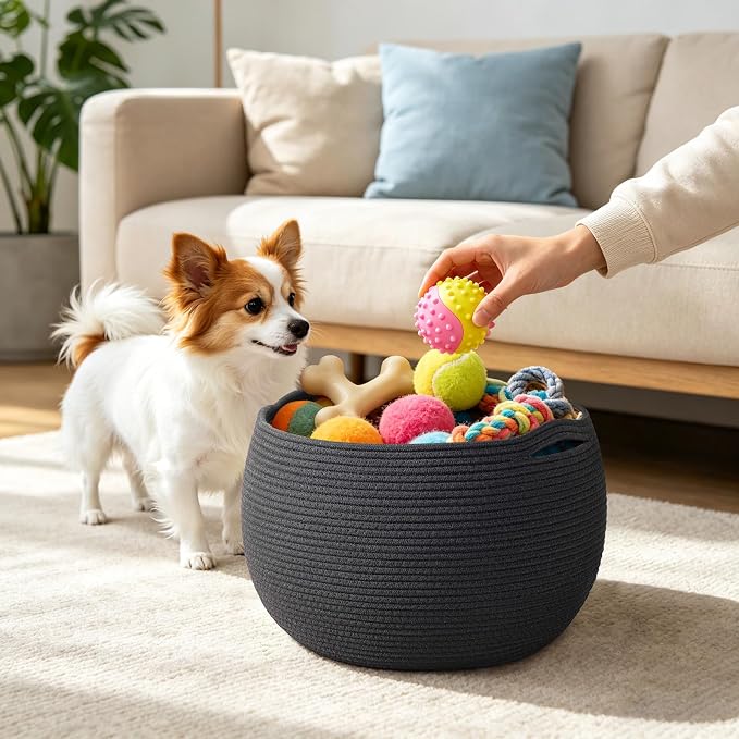 Goodpick Large Woven Storage Basket with Handles, 15.7" x 10.5", Black | Round Toy Storage for Kids, Cotton Rope Basket for Nursery Living Room, Holds Blankets, Toys & Baby Shower