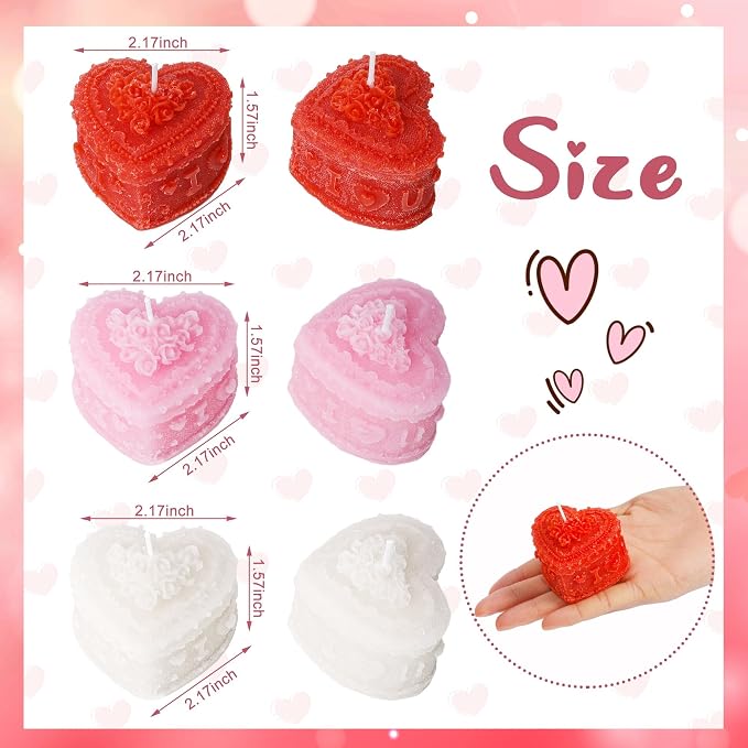 6 Pcs Valentine's Day Heart Candles- Love Heart Shape Scented Candles- Handmade Aromatherapy Candles for Valentine's Day, Wedding, Anniversary, Birthday, Home Decor (Red, White, Pink)