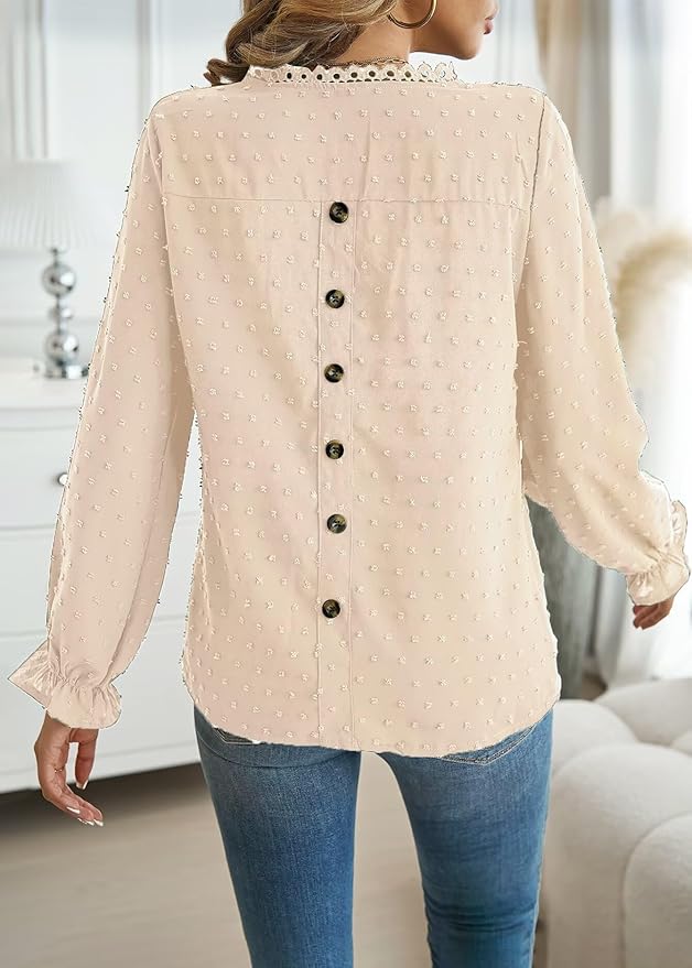 Womens Boho Tops Long Sleeve Shirts For Women Cute Crewneck Blouse Dressy Casual Swiss Dot Crochet Hollow Top 2026