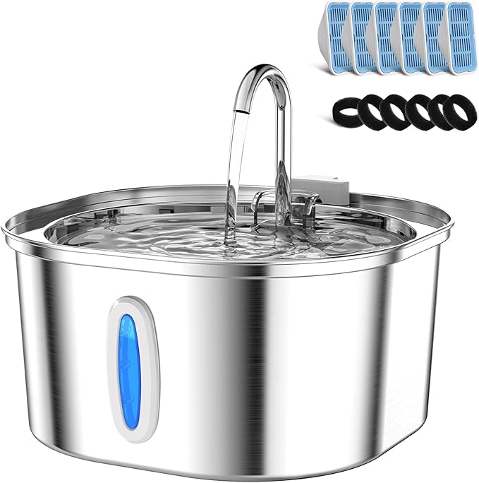 PEKTACO Stainless Steel Cat Water Fountain with 6 Filters, 3.2L/108oz | Cat drinking fountain, dishwasher safe, with triple filtration, quiet pump, and visible water window for cats and small pets