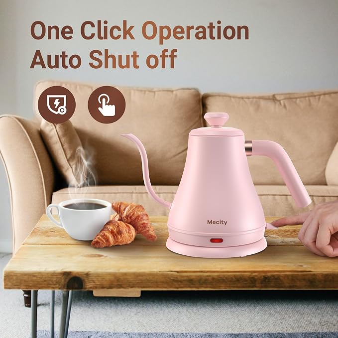 Mecity Electric Kettle Gooseneck Water Kettle Stainless Steel Tea Kettle Water Boiler Fast Heating, Auto Shut Off, 27 fl oz, 1000W, Pink