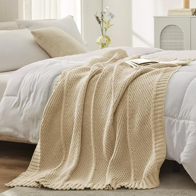 Knit Throw Blanket, Soft Chenille Cozy Breathable Chevron Chunky Decorative Blanket for Couch, Bed & Sofa, French-Inspired Lightweight Warm Gift for Women, Beige, 60"x80"
