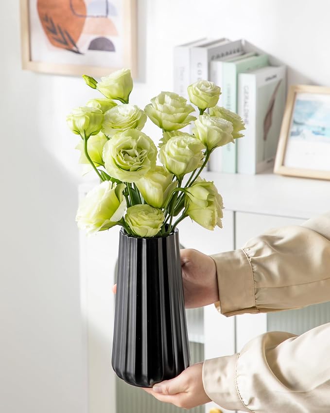 vancasso Ceramic Vase, 7.8 Inch Modern Ribbed Glossy Decorative Vase, Flower vase for Home Decor, Living Room, Bedroom, Office Decor, Black