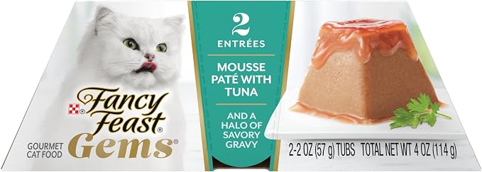 Purina Fancy Feast Gems Tuna Pate Wet Cat Food Variety Box, 4 oz, 8-Pack | 16 single servings, mousse pate with savory gravy, made with no artificial preservatives, 100 percent complete and balanced