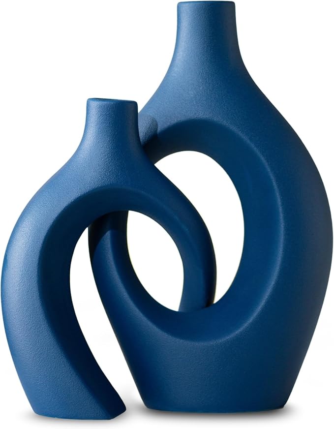 Snuggle Hollow Ceramic Vase Set of 2, 11 inch Modern Nordic Coastal Shaped Pampas Grass Aesthetic Decorative Table Vases for Living Room Shelf Home Decor (Matte Navy Blue -L)