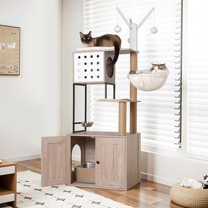 Cat Tree & Litter Box Enclosure,Modern All-in-one Indoor Cats Tower with Large Platform, Cat Condo with Wood House, Food Station, Hammocks (23.6”)