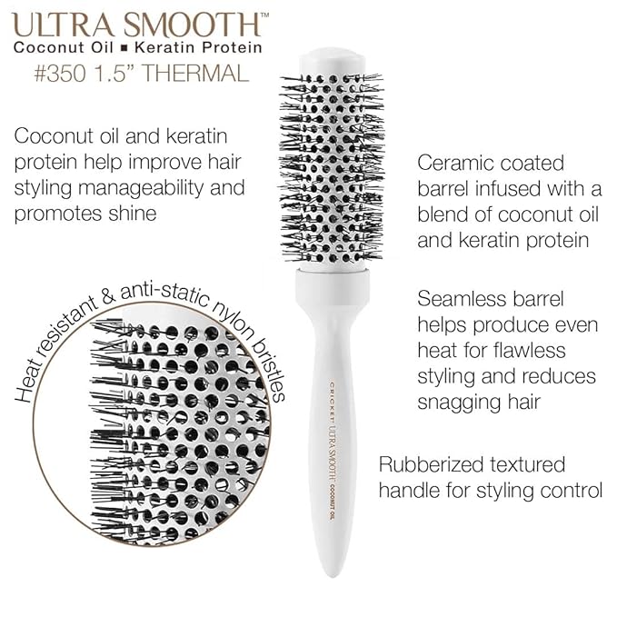 Cricket Ultra Smooth Coconut Thermal Hair Brush – 1.5” Ceramic Barrel, Coconut Oil and Keratin-Infused, Anti-Static Heat-Resistant Bristles, Textured Handle for Styling All Hair Types