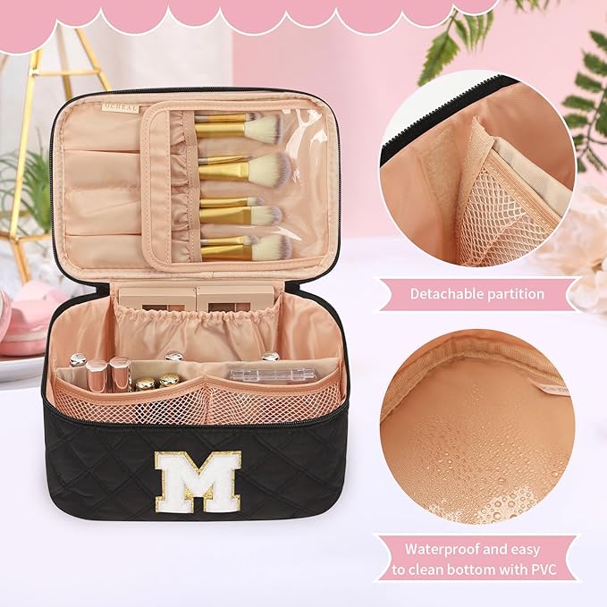 OCHEAL Makeup Bag Valentines Day Gifts for Women, Monogram Cosmetic Bag Black Travel Makeup Case Beauty Toiletry Bag Organizer Personalized Gifts for Girls Bridesmaid, Sister, Wife, Friends Initial M
