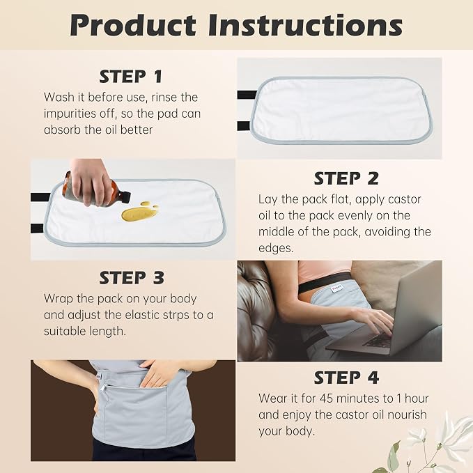 Castor Oil Pack Wrap Reusable Organic Castor Oil Pack for Liver Detox, Less Mess, Elastic Strap Soft Cotton Anti Oil Leak(Oil Not Include)