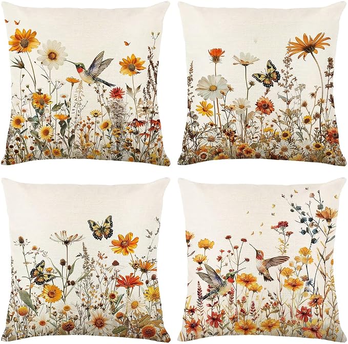wyooxoo Spring Pillow Covers 16x16 Set of 4 Farmhouse Summer Throw Pillow Covers Floral Decorative Cushion Cases for Sofa Couch Outdoor Bedroom