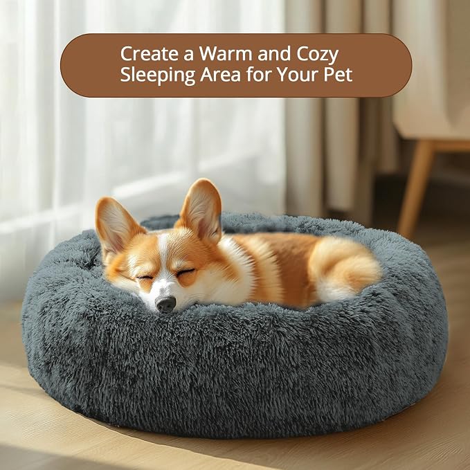 JOLLYVOGUE Calming Small Dog & Cat Bed for Indoor Cats - 20 inches Washable Donut Bed for Kittens & Puppies, Anti-Anxiety Round Fluffy Plush Pet Beds (Fits up to 15 lbs, Navy Grey)