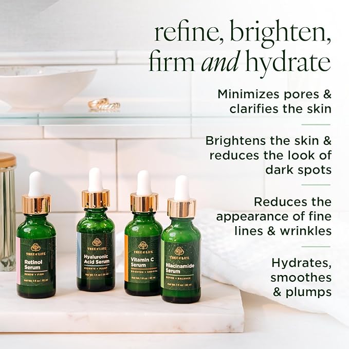 Tree of Life Beauty Facial Skin Care Set, Brightening, Firming & Hydrating Face Serums for Sensitive Skin - Niacinamide, Vitamin C, Retinol & Hyaluronic Acid, Dermatologist Tested, 1 Fl Oz (Pack of 4)