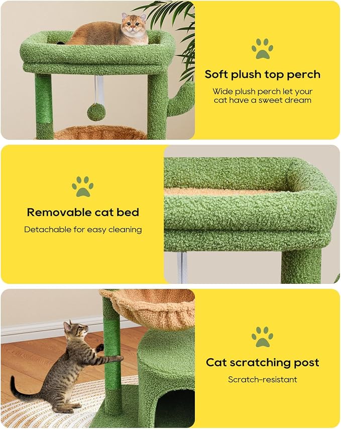 SYANDLVY Cactus Cat Tree for Indoor Cats, Green Activity Tower for Kittens | Modern Cat Furniture with Scratching Post, Basket & Hanging Ball for Play Rest