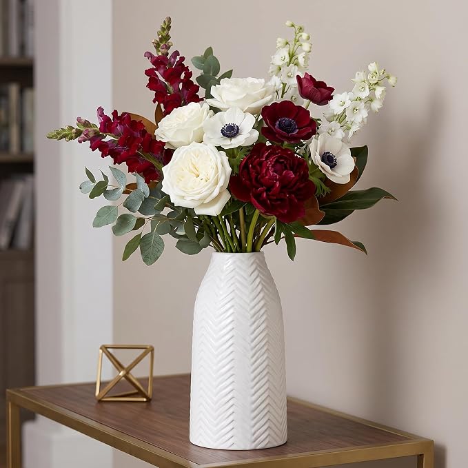hjn White Vase for Flowers Ceramic Vase for Decor, Modern Decorative Tall Vases for Your Kitchen/Office/Living Room/Bookshelf/Mantel - White Texture(Medium)