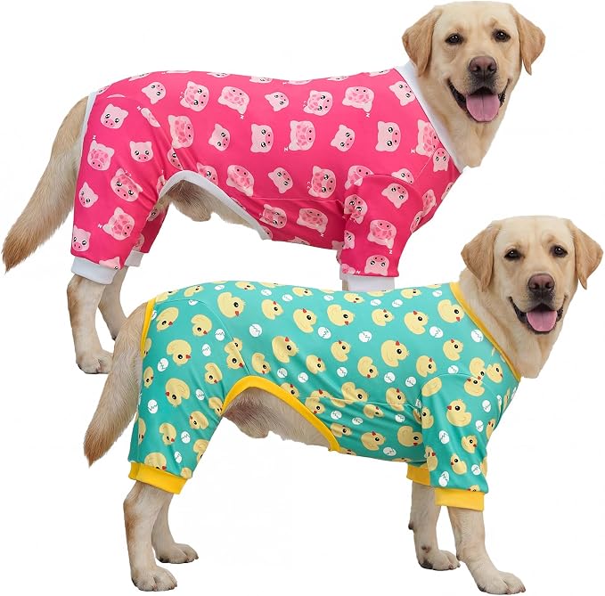XPUDAC 2 Pack Dog Pajamas for Medium Large Sized Dog, 4-Way Stretch Warm Pet Pjs Onesie Lightweight Soft Jammies Pet Clothes Boy Girl Duck Pig Print, 6XL