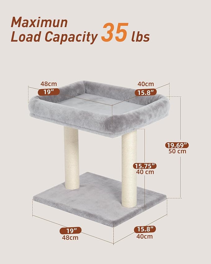 19" Small Cat Tree with Scratching Post for Indoor Cats with Perch | Light Gray, Removable 19"×15.8" Perch Bed, Dual Natural Sisal Scratcher,Small Cat Tower,Space-Saving