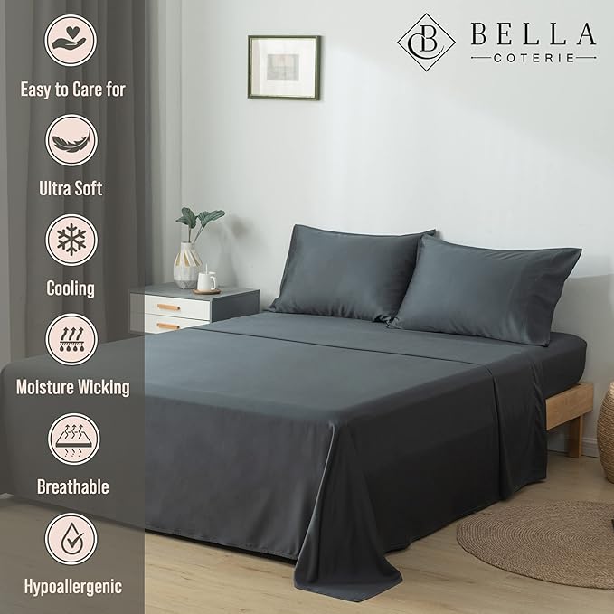 Bella Coterie Luxury Bamboo Viscose 34” Split Top King Size Sheet Set | 1 Fitted Sheet for Sleep Number & Adjustable Beds | 100% Organically Grown | Cooling & Soft | 18” Deep Pocket [Charcoal Grey]
