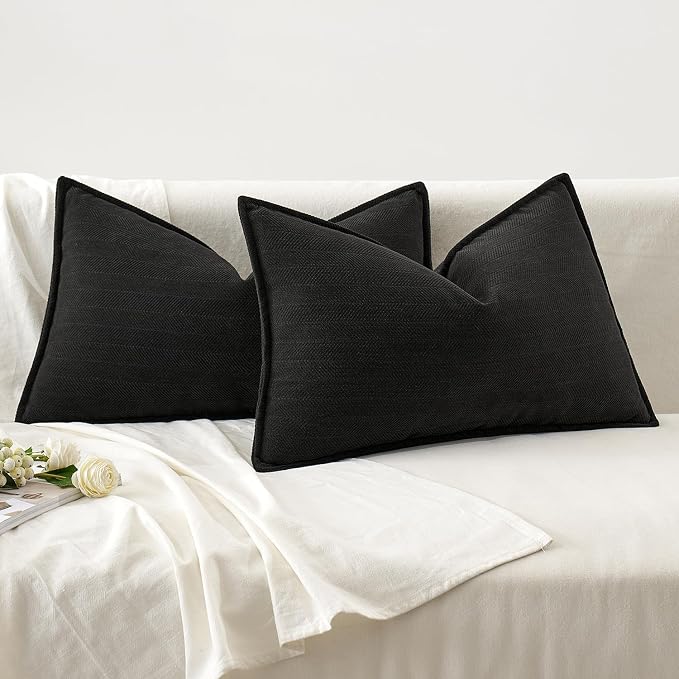 MIULEE Pack of 2 Black Decorative Lumbar Chenille Pillow Covers 12x20 Inch | Soft Couch Throw Pillows,Farmhouse Cushion Covers with Elegant Design for Sofa,Bedroom,Living Room,Spring Home Decor