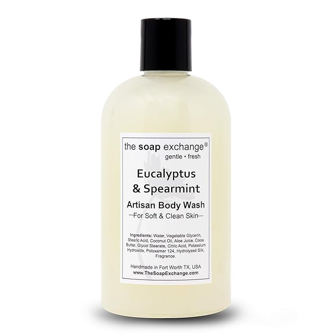 The Soap Exchange Body Wash - Eucalyptus & Spearmint Scent - Hand Crafted 12 fl oz / 354 ml Natural Artisan Liquid Soap for Hand, Face & Body, Shower Gel, Cleanse, Moisturize, Protect. Made in USA.