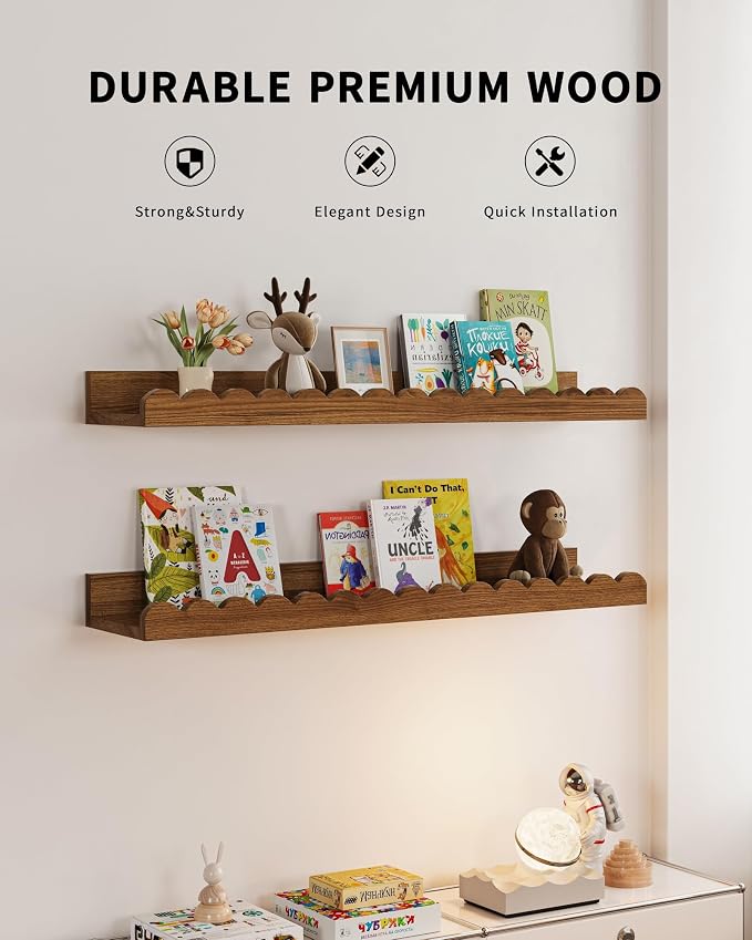 Shario Nursery Book Shelves, 4-Pack White Floating Shelves for Wall Kids, Scalloped Shelves, Wall Book Shelves for Bedroom Kids, Toddler Room, Baby Room, Nursery Decor