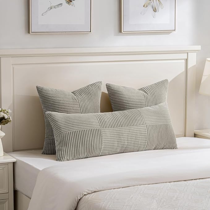 Fancy Homi Set of 1 Taupe Boho Long Lumbar Body Decorative Throw Pillow Cover 21x54 Inch for Bed Couch Bedroom Bench, Soft Patchwork Corduroy Textured Pillow Case, Farmhouse Room Decor