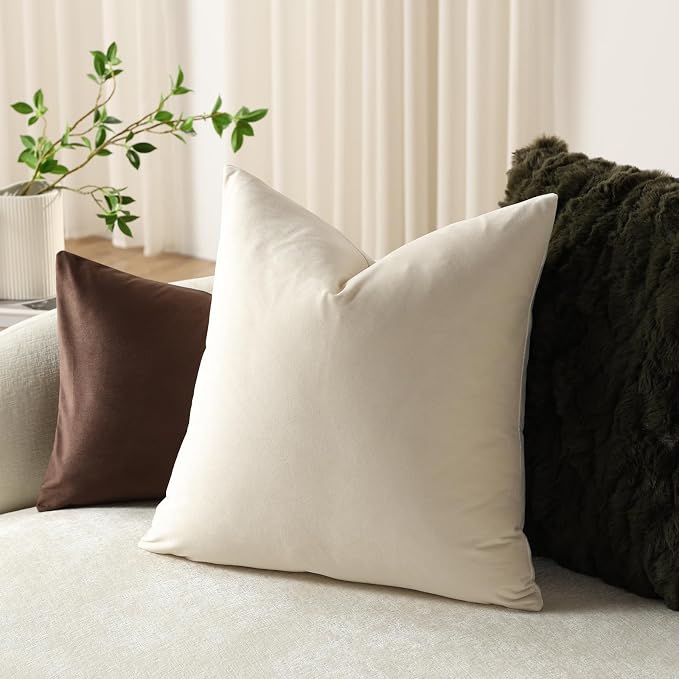 Euro Sham Covers 24x24 Cream: Pack of 2 Cozy Soft Velvet Square Modern Luxury Decorative Throw Pillow Cases for Sofa Couch Living Room Bed Home Decor