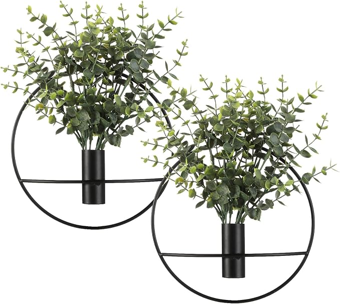 Pretty Jolly Boho Eucalyptus Wall Decor Black Metal Wall-Mounted Art | Morden Artificial Greenery Display，2 Pack Eucalyptus Hanging Planter For Living Room, Bedroom, Bathroom, Dining room