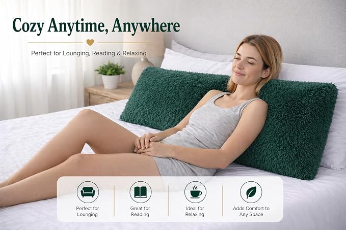 REAFORT PV Faux Fur Body Pillow Cover 21"x54", Hidden Zipper (Evergreen) | Ultra-soft long hair faux fur with a hidden zipper offers luxurious comfort and is machine washable for easy care.