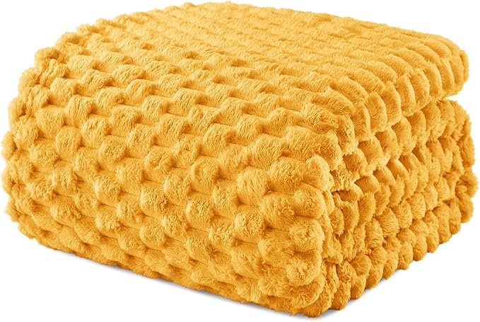 Exclusivo Mezcla 3D Fleece Queen Size Blanket for Bed, Mustard Yellow | Extra Soft Fuzzy Plush Lightweight Bed Blankets, Cozy Fluffy Decorative Blankets for All Seasons, 90x90 Inches