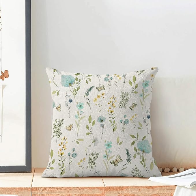 Spring Pillow Covers 16x16 Inch Set of 2, Aqua Teal Sage Green Wild Flower Throw Pillows Case,Colorful Seasonal Floral Plant Outdoor Decorative Farmhouse Decor Cushion Covers for Sofa Bed Couch