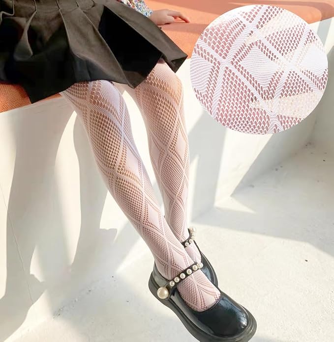 Girls Fishnet Stockings for Princess Dress High Waist Mesh Tights Cute Pattern Knit Socks