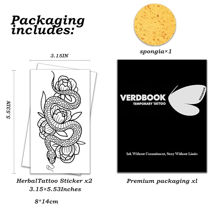 Waterproof Temporary Tattoos: 2-Sheet Tattoo Kit with Realistic Body Stickers, Semi-Permanent Tattoos for Adults Lasting 7-15 Days – Safe for Men & Women, Serpent Bloom