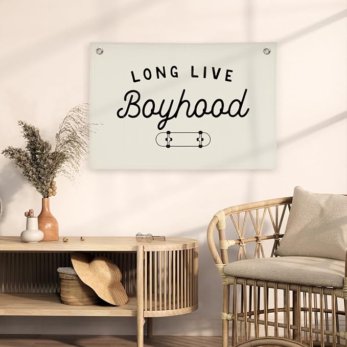 Boys Room Nursery Decor，Long Live Boyhood Skateboard Wall Decor Hanging Flag Nursery Toddler Kids Room Decoration,Gifts for Teens, Minimalist Wall Decor, Vintage Sports Nursery Decor boyroom banner