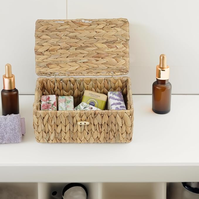 ORDELITE Water Hyacinth Wicker Storage Basket with Lid, Small | Decorative Box, Built-In Handles, Baskets for Organizing, Shelf Organizer Bin, Rectangular Woven Design, 10.2 x 6.3 x 3.9