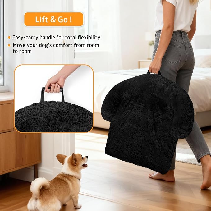 GGIB Calming Dog Bed Fluffy Plush Dog Mat for Furniture Protector with Removable Washable Cover for Large Medium Small Dogs and Cats (Large, Black)