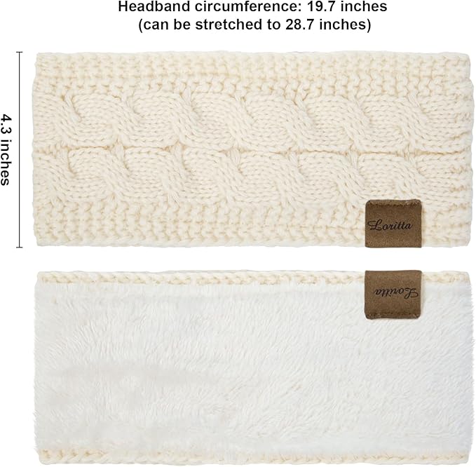 Loritta 2 Pack Headbands for Women Winter Warm Cable Knit Ear Warmer Thick Head Wrap Fuzzy Fleece Lined Gifts