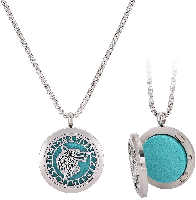 Viking Handsome Nordic Necklace with Runic Wolf Aromatherapy Essential Oil Diffuser Viking Jewelry Gift Stainless Steel Locket Pendant Necklace