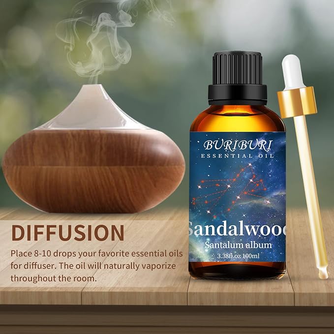 BURIBURI 100ML Sandalwood Essential Oil, 100% Pure Undiluted Aromatherapy Sandalwood Oil 3.38fl.oz for Soap, Candle Making, Massage, Diffuser, Humidifier