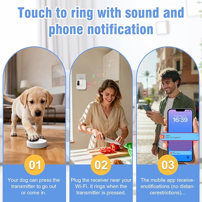 ChunHee WiFi Smart Dog Door Bell for Potty Training to Go Outside–Wireless Doggy Doorbell with Tuya Phone Notification–Waterproof Touch Button and Adjustable Volume, Multi-User Alerts(1 Dog Buttons)