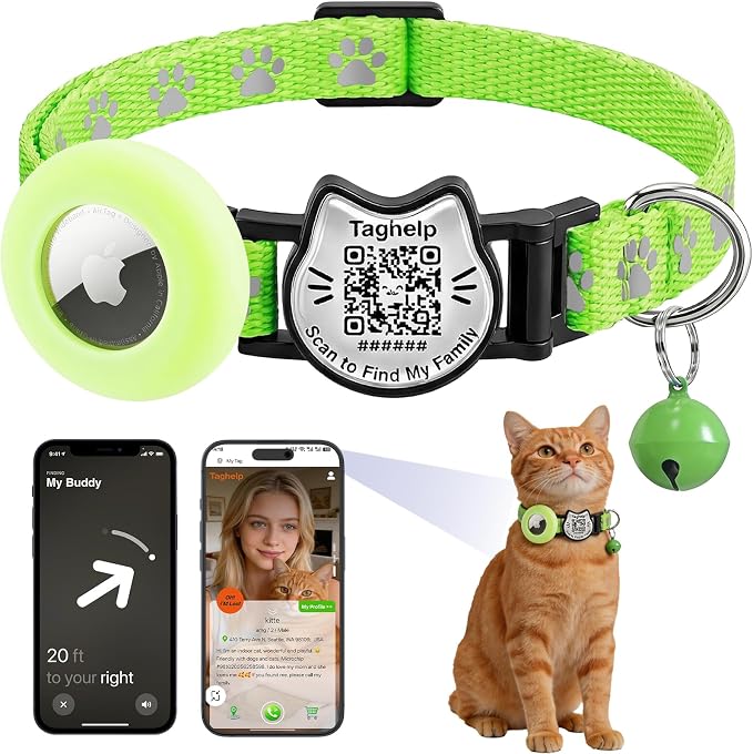 Cat Collar with AirTag Holder, QR Code Tag and Bell (Neon Green)
