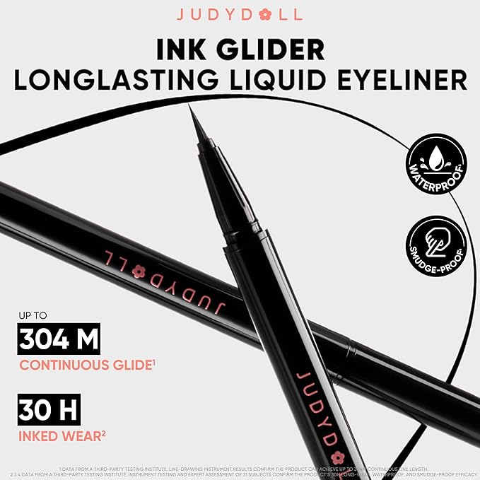 JUDYDOLL Ink Glider Longlasting Liquid Eyeliner - 30H Waterproof, Smudgeproof, Ultra-fine Tip, Ideal for Cat Eyes & Wings, Intense Black