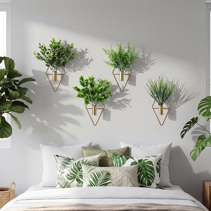 Hanaive 4 Sets Boho Wall Decor Metal Wall Art Hanging Planters with Artificial Pampas Display Modern Home Vase for Bedroom Home Office(Brisk,Green)