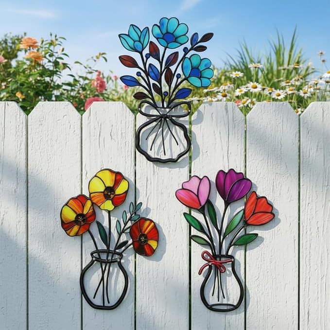 VEWOSTAR 3 Pcs Metal Flowers Wall Decor,Outdoor Fence Wall Art Decor | 3D Colorful Outdoor Wall Art Patio Fence Decor for Garden Living Room Balcony