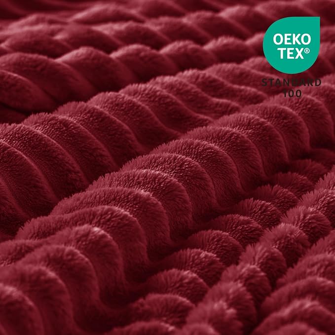 BEDELITE Ribbed Jacquard Burgundy Fleece Twin Blanket for Bed, 60x80 Inch | Soft Warm Decorative Fluffy Blanket, Cozy Plush Lightweight Fuzzy Throw Blanket for Couch Sofa Room Decor, Gift for Women